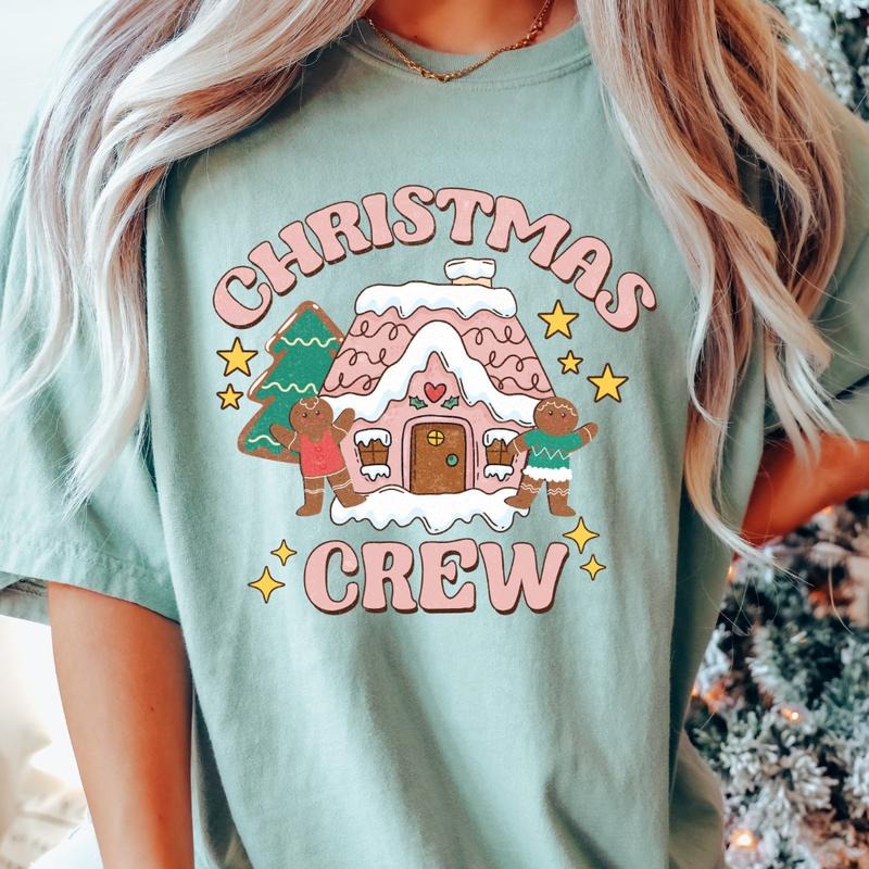 CHRISTMAS CREW GINGERBREAD HOUSE T-SHIRT (COMFORT COLORS T-SHIRT, CASUAL SHIRT UNISEX, CHRISTMAS CLOTHING, GRAPHIC APPAREL, HOLIDAY SHIRT) Cotton Fabric