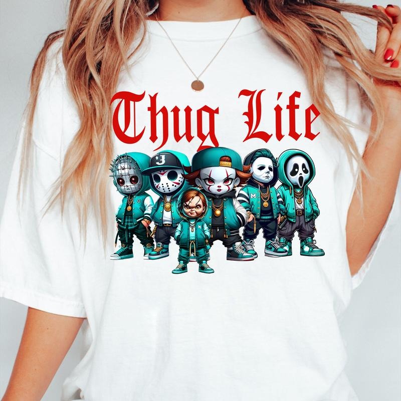 COOL Thug Life Pink Chibi Horror Movie Characters Shirt Sweatshirt, Halloween Shirts Women, Funny Halloween Tee
