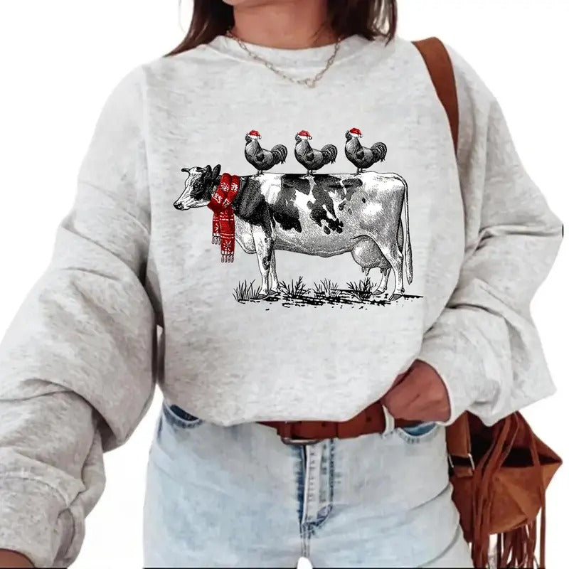 COW CHRISTMAS Chicken Sweatshirt Unisex T-shirt Hoodie xmas Funny 2024 2025 Cotton Pullover Womenswear Day | DripVista.com