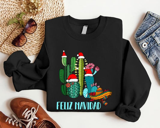 Cactus Feliz Navidad Sweatshirt, Mexican Family Christmas Xmas Sweater, Spanish Merry Christmas Hoodie, Unisex Holiday Outfit.