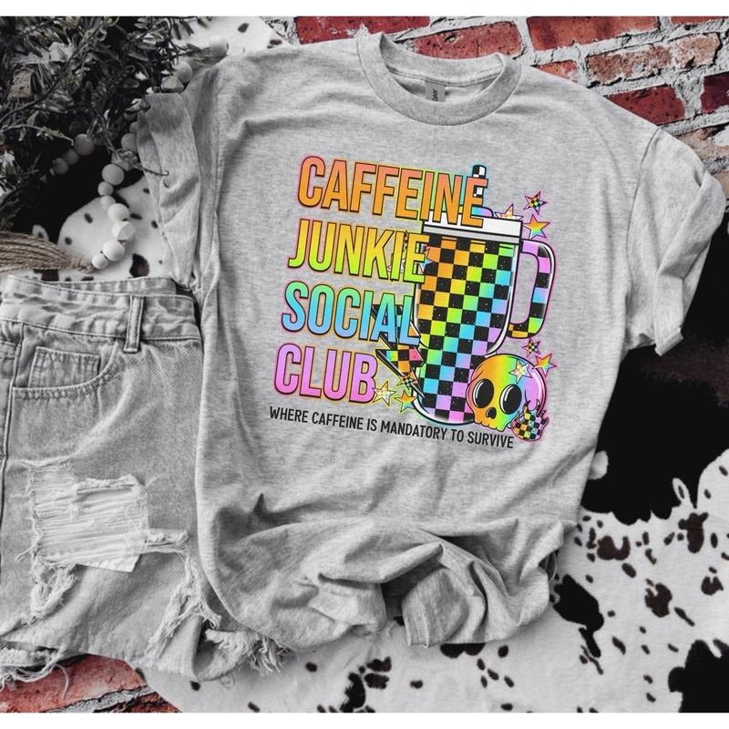 Caffeine Junkie Social Club Bleached Shirt -  Comfy Unisex Jersey Shirt - Bleached Graphic Tee Design, Random Bleaching, True-to-Size Fit, 35% Cotton 65% Poly - Fabric