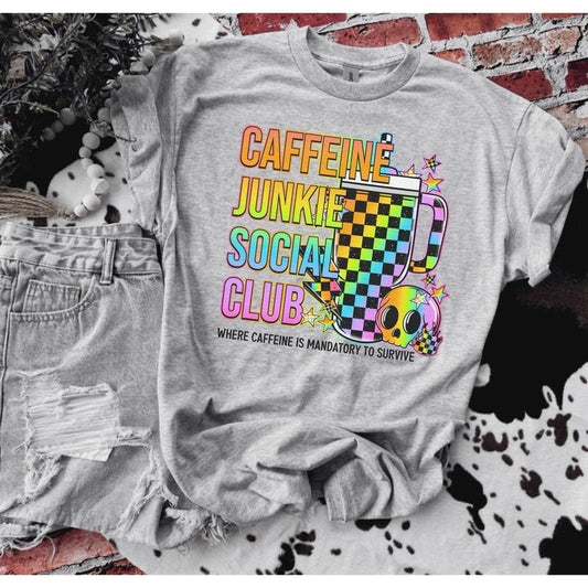 Caffeine Junkie Social Club Bleached Shirt -  Comfy Unisex Jersey Shirt - Bleached Graphic Tee Design, Random Bleaching, True-to-Size Fit, 35% Cotton 65% Poly - Fabric