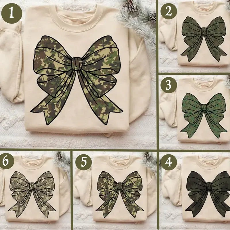 Camo Bow Bundle Coquette Bottomland Sweatshirt, Camouflage Bow Duck Hunting Retro Girl Cute Shirt Hoodie | DripVista.com