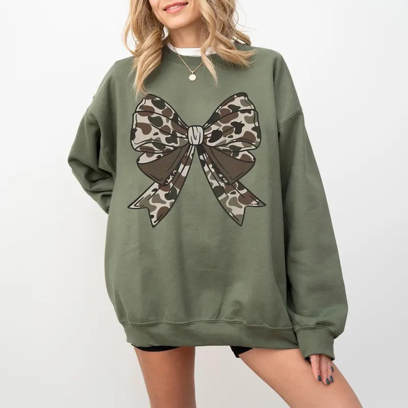 Camo Bow Sweatshirt, Camo Coquette Bow Shirt, Women's Camouflage Bow Shirt, Duck Hunting Tee