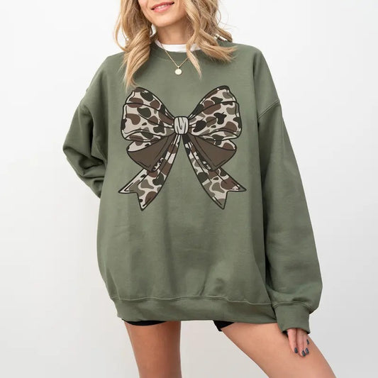 Camo Bow Sweatshirt, Camo Coquette Bow Shirt, Women's Camouflage Bow Shirt, Duck Hunting Tee