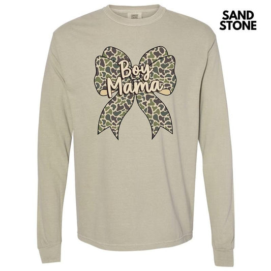 Camo Boy Mama Bow Long Sleeve Comfort Colors T-Shirt 'NLB'