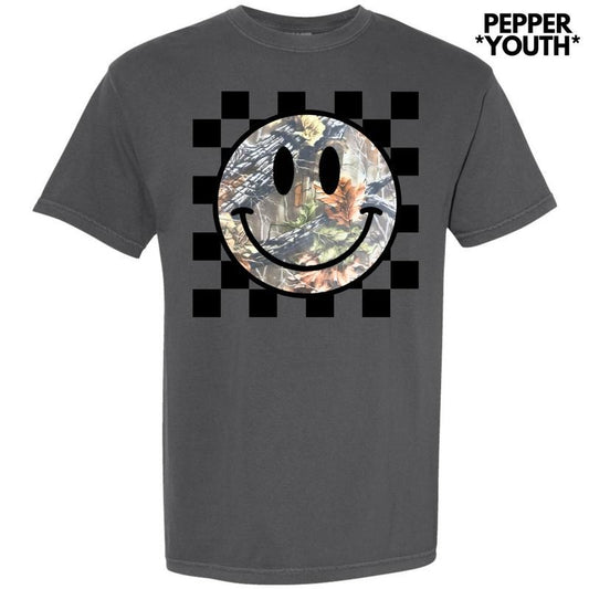 *** Camo Checker Happy Face Comfort Colors T-Shirt (Youth) 'NLB'