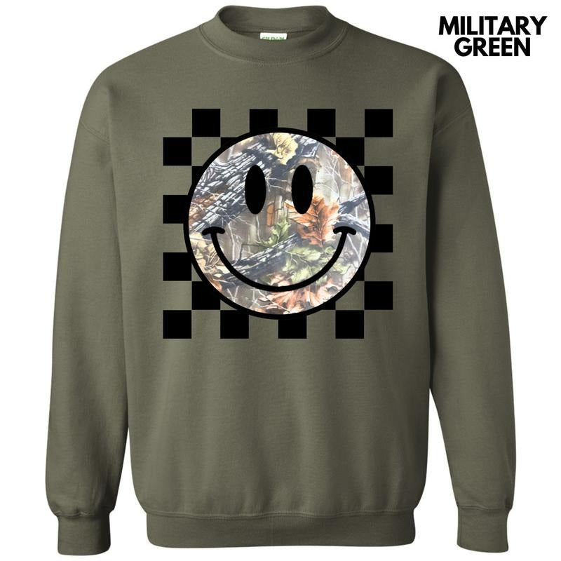 Camo Checker Happy Face Sweatshirt 'NLB' T-Shirts, Hoodie | DripVista.com