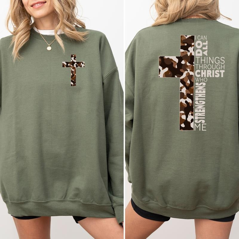 Camo Christian Cross Sweatshirt, I Can Do All Things Through Christ Crewneck, Unisex Hunting Pullover, Bible Verse Tops, Jesus Apparel, Womenswear