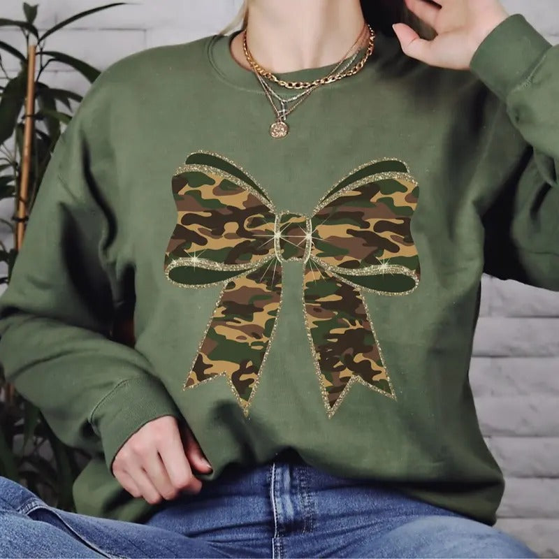 Camo Coquette Bow Glittery Effect Graphic Printed Sweatshirt, Camoflauge Coquette Shirt Hoodie | DripVista.com