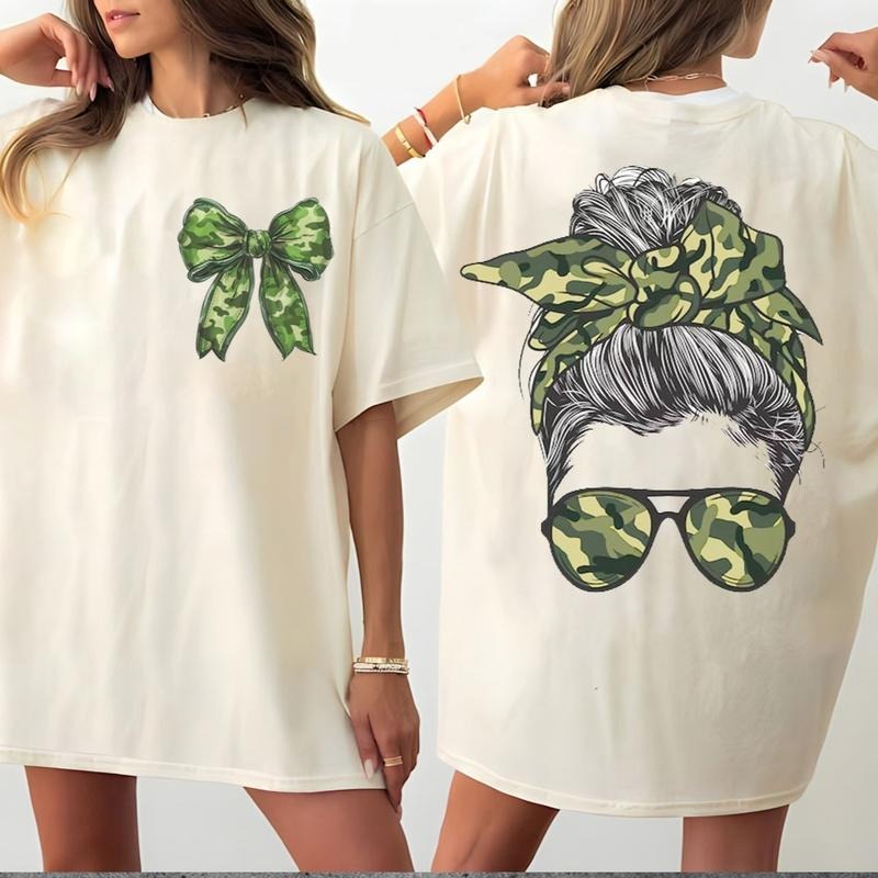 Camo Coquette Bow Messy Girl Bun 2 Sides Tee, Full Sizes, Full Colors Hoodie, Sweatshirt | DripVista.com