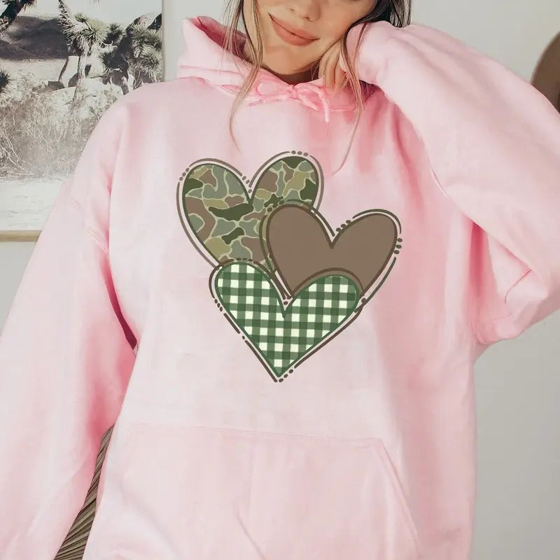 Camo Hunting Valentines Hearts Hoodie, Valentine Day Shirt, Camo Preppy Loved Deerly Sweater, Camoflage Tee Sweatshirt