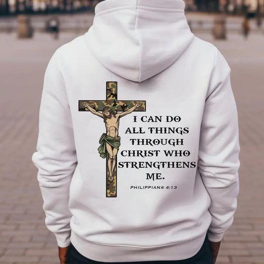 Camo Jesus Cross I Can Do All Things Bible Verse Back Printed Unisex Hoodie, Hunting Sweatshirt, Gift for Him, Camo Cross Bibble Verse Tee