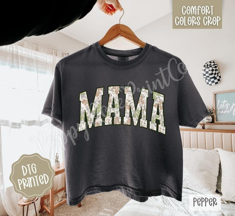 Camo Mama Cropped Comfort Colors Tee, Trendy Tshirt for Women