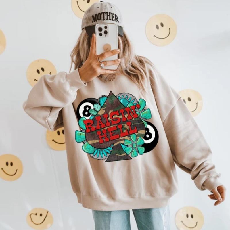 Camo Raisin Hell Crew sweatshirt, graphic tees women, western outfits women, western tops clothing, rodeo cowgirl outfits...