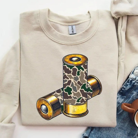 Camo Shotgun Shells Crewneck Sweatshirt, Duck Hunting Camo Shirt, Duck Hunter, Old School Camo Pattern Tee
