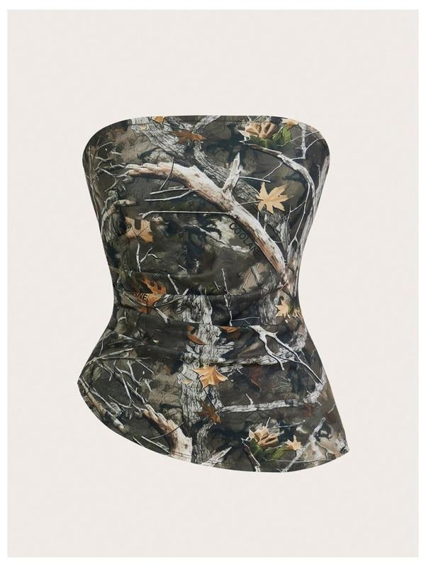 Camo Strapless Tube Top Sleeveless Ruched Asymmetrical Bandeau Top rave outfits T-Shirts, Hoodie, Sweatshirt | DripVista.com