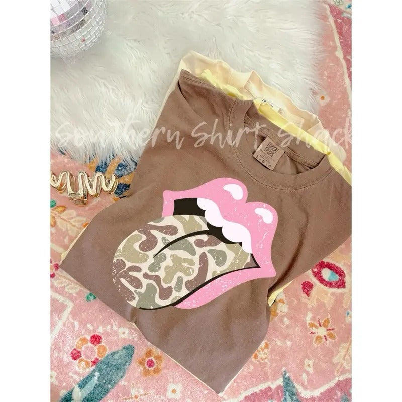 Camo Tongue T shirt  | Camo Girly T shirt | Espresso comfort colors T shirt