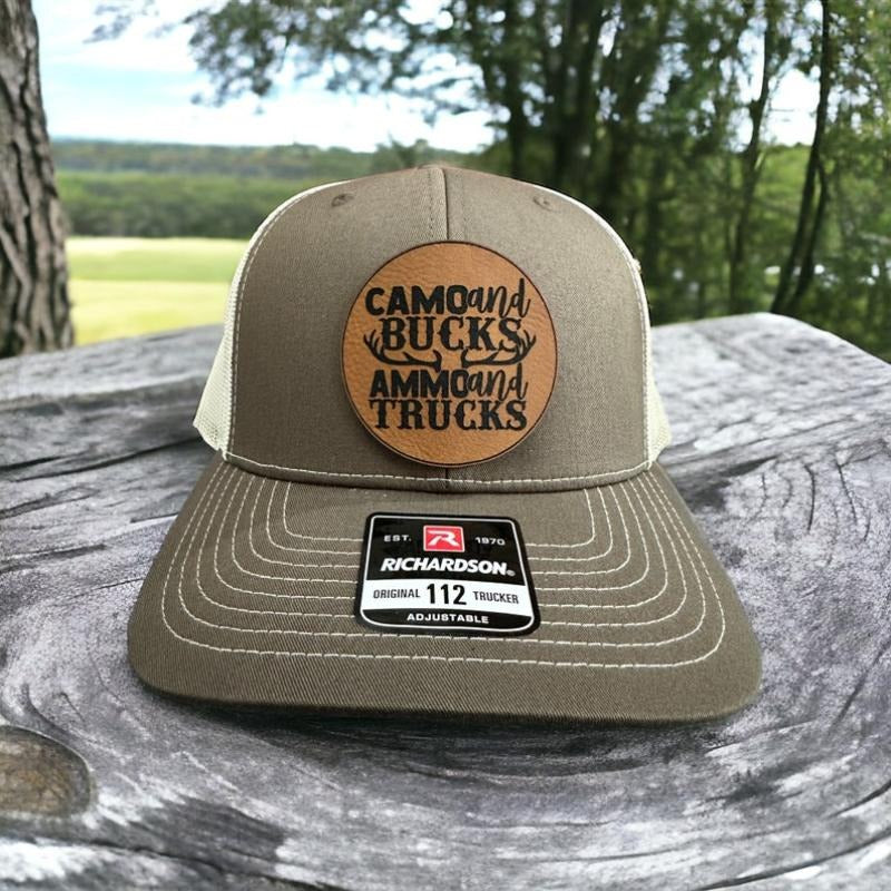 Camo and Bucks Ammo and Trucks Leather Patch Hat | Funny Hunting Custom Trucker Hat | Gift For Him Unique | Richardson...
