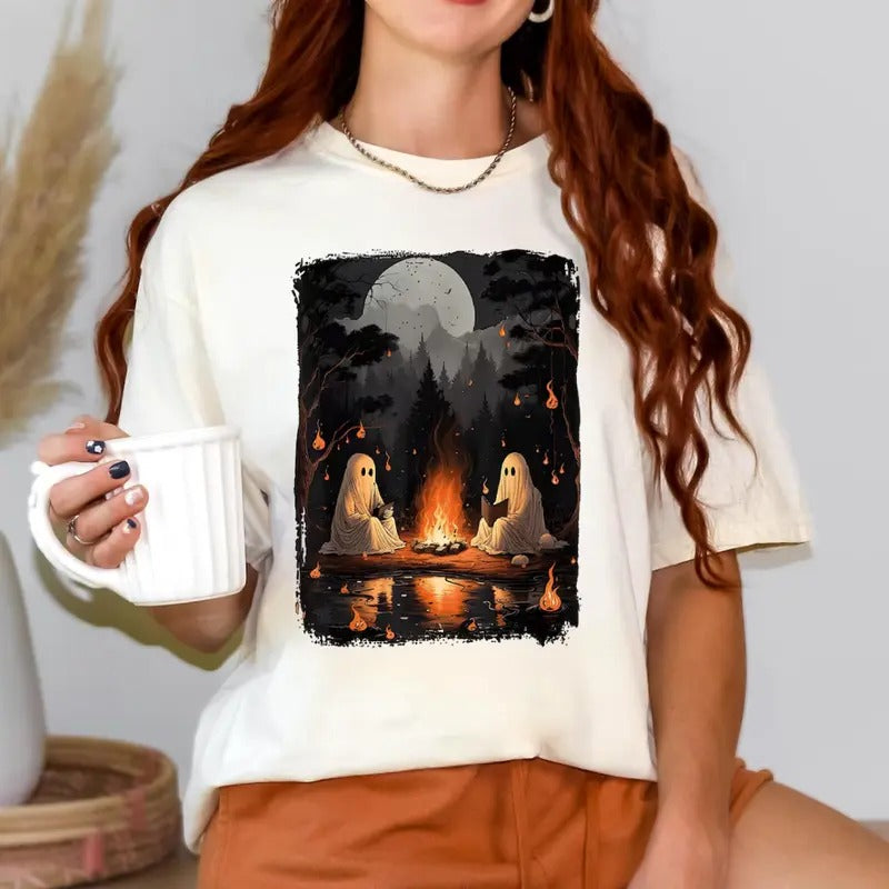 Camping Halloween Ghost Reading Book Shirt, Halloween Costume, Spooky Season Shirt, Women Fall Tshirt, Halloween Party Tee