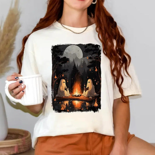 Camping Halloween Ghost Reading Book Shirt, Halloween Costume, Spooky Season Shirt, Women Fall Tshirt, Halloween Party Tee