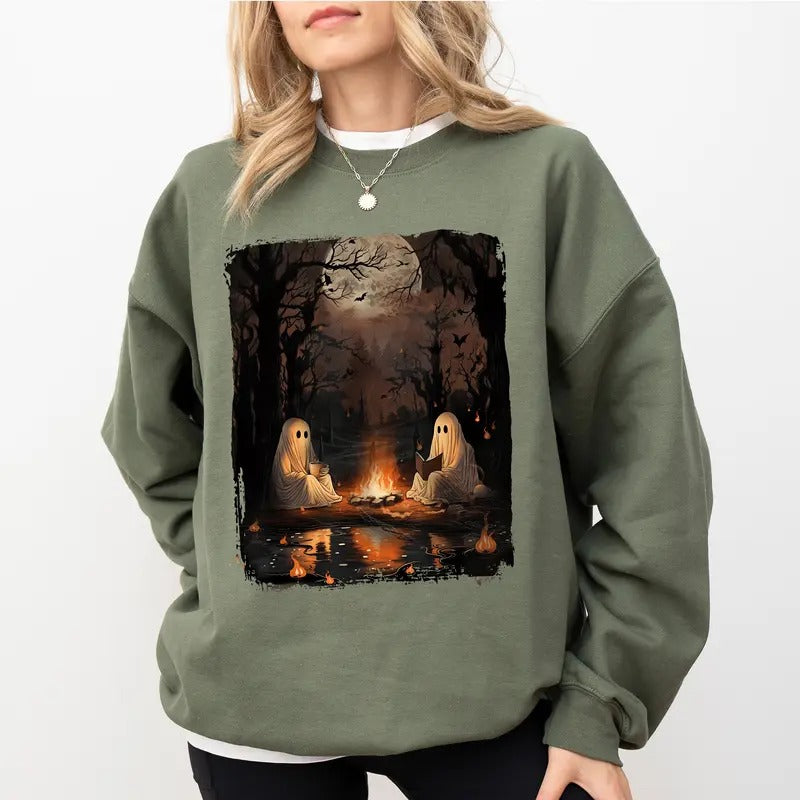Camping Halloween Ghosts Sweatshirt, Funny Reading Boo Crewneck, Cute Coffee Ghost Sweater, Spooky Season Camping Ghosts...