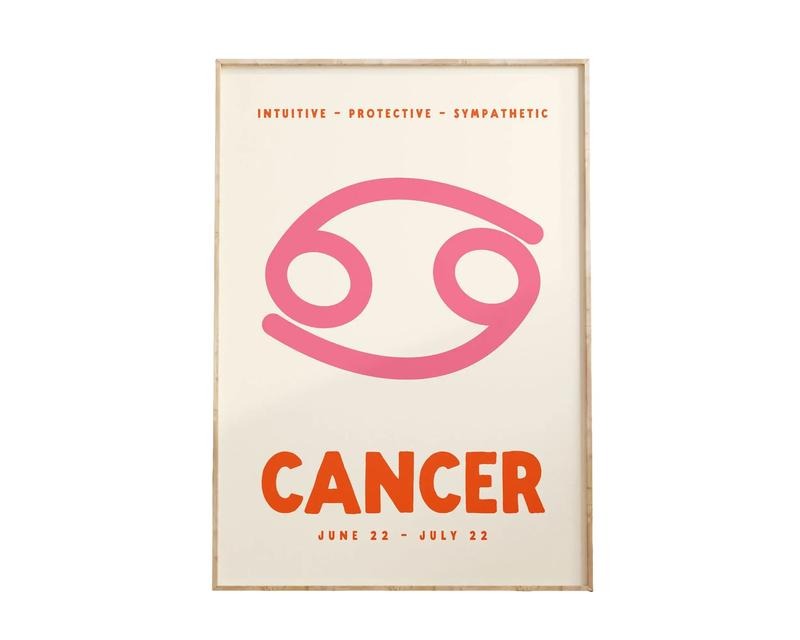 Cancer Print, Zodiac Poster, Trendy Wall Art, Star Sign Print, Preppy Wall Decor, Pink And Orange, Astrology Decor Poster...