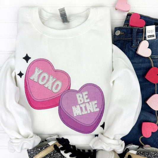 Candy Hearts FAUX Embroidery Gildan Sweatshirt