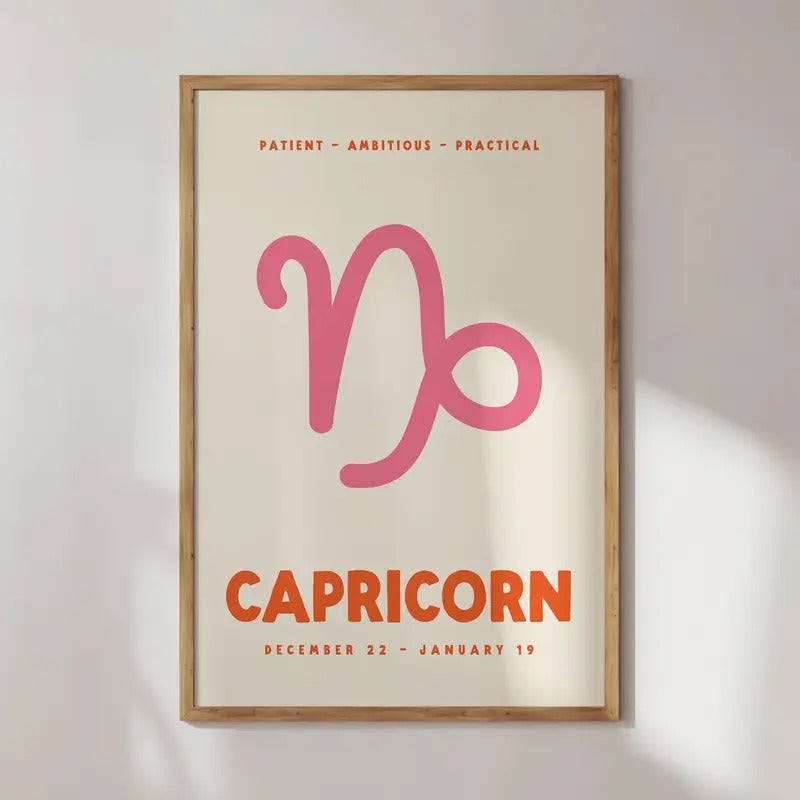 Capricorn Print, Zodiac Poster, Astrology Decor, Trendy Wall Art, Star Sign Print, Preppy Wall Decor, Pink And Orange...