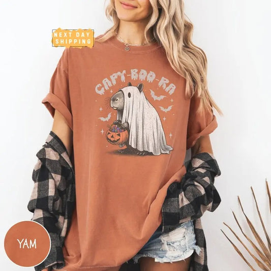 Capy-Boo Ra Halloween Vintage Shirt, Comfort Colors Cute Fall Shirt, Womens Tee, Cute Capy Fall Shirt, Spooky Shirt, Gift For Halloween Collar Cotton Fabric Top