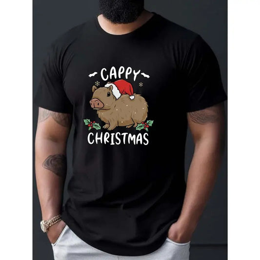 Capybara Cappy Christmas Design Print Tee Shirt, Men's Fashion Short Sleeve T-shirt, Summer Comfy Top For Daily And Outdoor Wear Made in USA