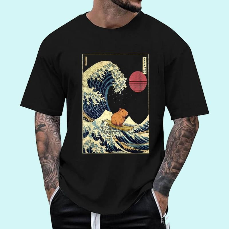 Capybara Japanese Kanagawa Wave Funny Surf Animal T-Shirt | Tee For Men and Women, Unisex Cotton Hoodie, Sweatshirt