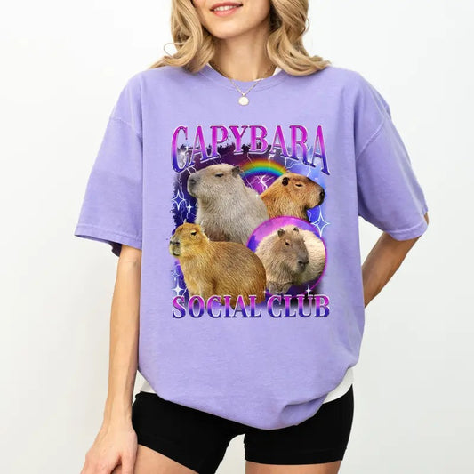 Capybara Social Club Shirt, vintage Capybara Graphic Tee Women, 90s Bootleg Printed T-shirt, Cotton Fabric Outfit, Funny Capybara Comfort Shirt Casual Style, Gift For Her, Casual Short Sleeve Shirt For Women, Cotton Fabric Unisex Tee
