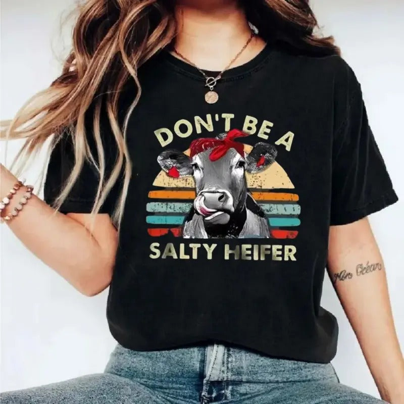 Cartoon Cow & Letter Print Tee, Casual Short Sleeve Round Neck T Shirt, T Shirts For Women, Unisex Short Sleeve Tee Womenswear Cotton