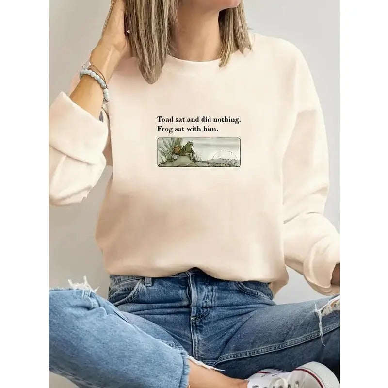 Cartoon Frogs & Letter Print Pullover Sweatshirt, Vintage Long Sleeve Crew Neck Sweatshirt, Women's Clothing