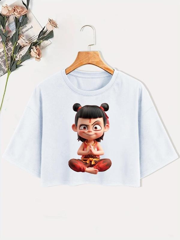 Cartoon Nezha Print Round Neck Tee, Casual Short Sleeve T-shirt for Summer, Women'WB shield Top for Daily Wear Hoodie,...