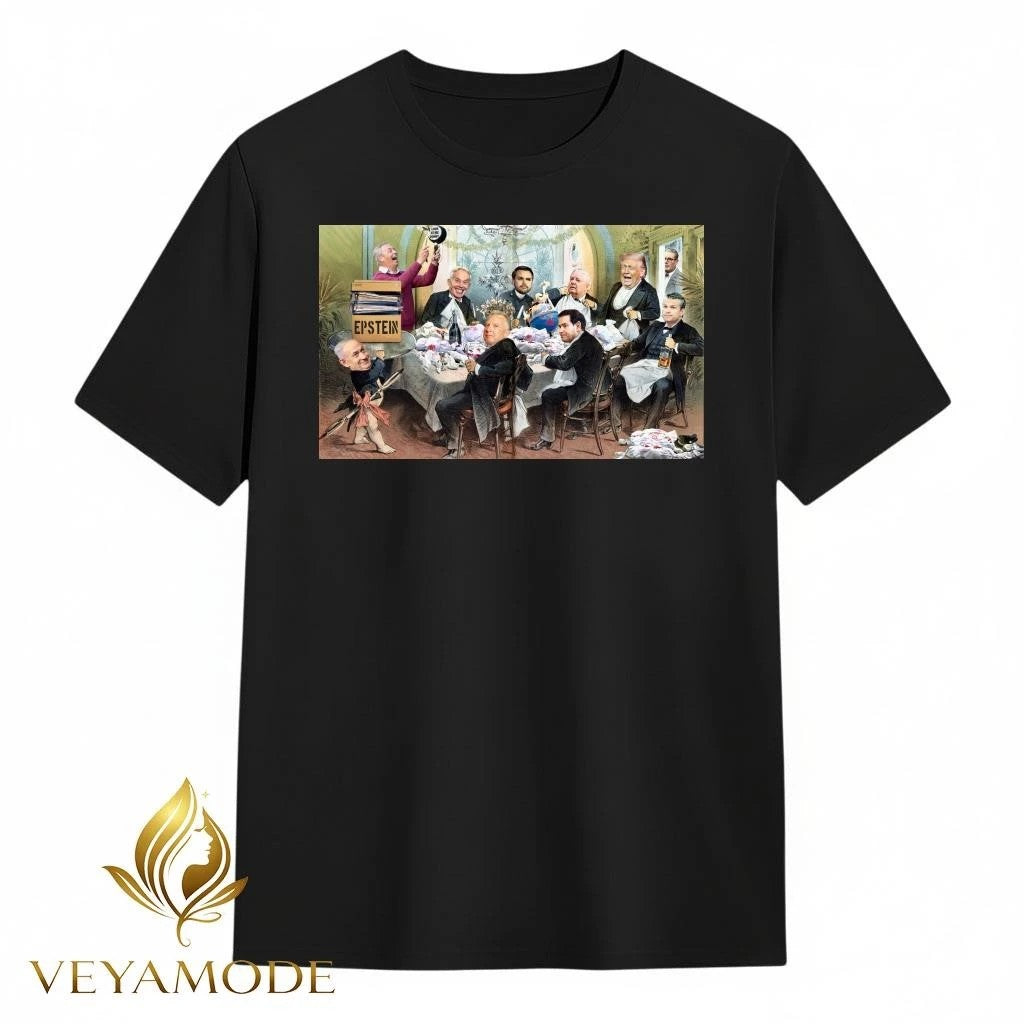 Cartoon depicting Epstein’s party Netanyahu Trump tee