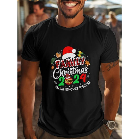 Casual Crew Neck T-Shirt with Family Christmas 2024 Print - Knit Fabric, Medium Stretch, Short Sleeve Regular Fit Tee for Summer Outings Made in USA