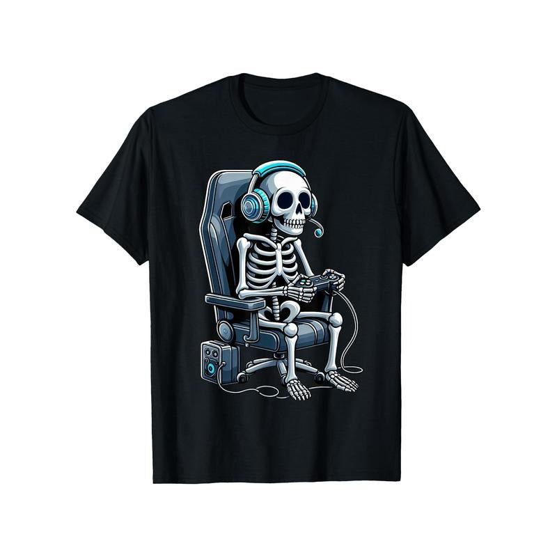Casual Gaming Skeleton Crew Neck T-Shirt - 100% Cotton Knit Fabric, Summer Men'S Casual Fit Tee with Stretch, Scary Gamer Skeleton Patterned Shirt Made in USA