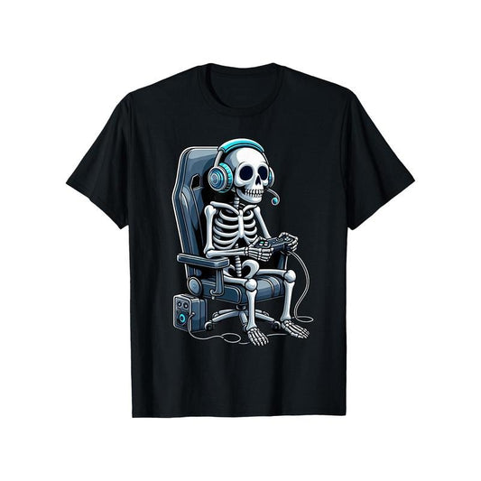 Casual Gaming Skeleton Crew Neck T-Shirt - 100% Cotton Knit Fabric, Summer Men'S Casual Fit Tee with Stretch, Scary Gamer Skeleton Patterned Shirt Made in USA