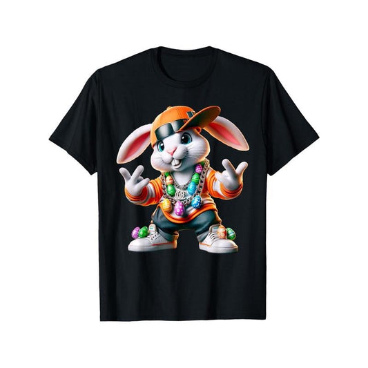 Casual Outing| Stylish Easter Bunny Rapper T-Shirt - 100% Cotton, Black with Colorful Beaded Necklace Design, Casual Round Neck Tee for Adults, Perfect Easter Gift Made in USA