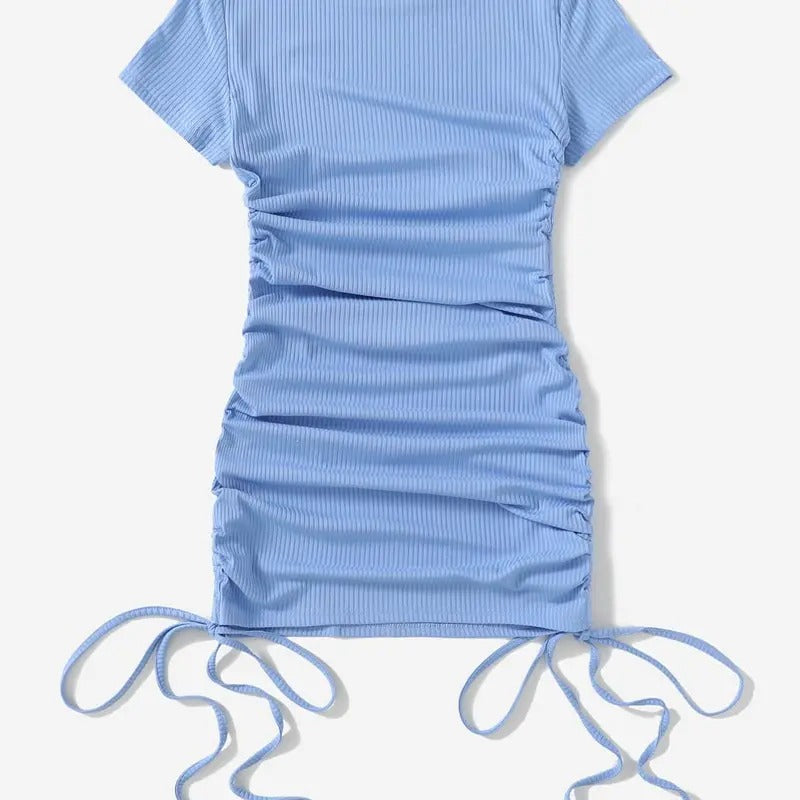 Casual Rib Knit Short Sleeve Drawstring Ruched Bodycon Mini T Shirt Dress Hoodie, Sweatshirt | DripVista.com