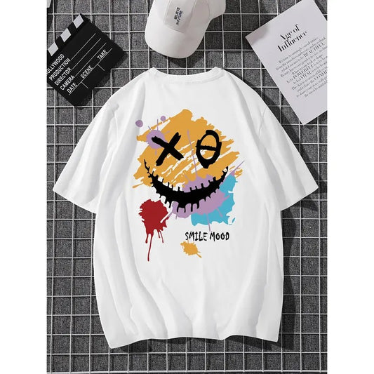 Casual Round Neck Short Sleeve T-shirt with Smiling Print for Men Summer Tees Menswear