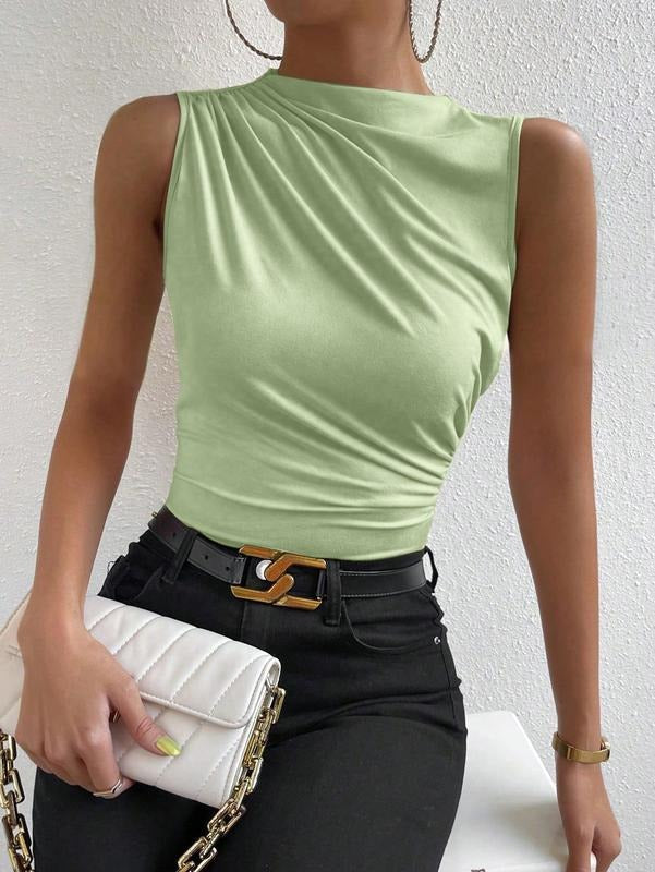 Casual Ruched Mock Neck Tank Top Sleeveless Slim Fit Work Shirt Tops Hoodie, Sweatshirt | DripVista.com