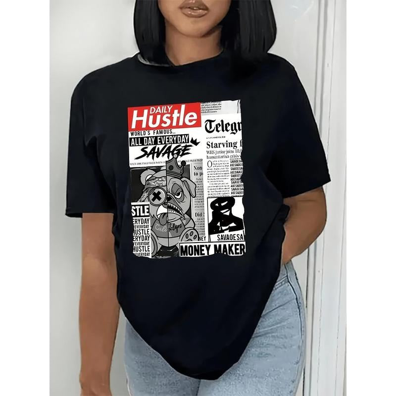 Casual Short Sleeve Newspaper Print Crew Neck - Women'WB shield Spring & Summer T-Shirt Hoodie, Sweatshirt | DripVista.com