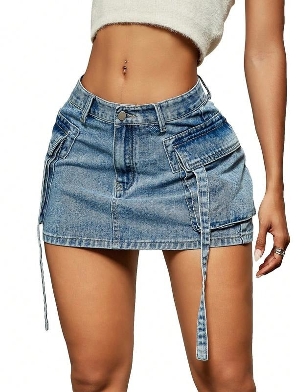 Casual Street Low Waist Tape Denim Cargo Mini Skirt with Flap Pocket T-Shirts, Hoodie, Sweatshirt | DripVista.com