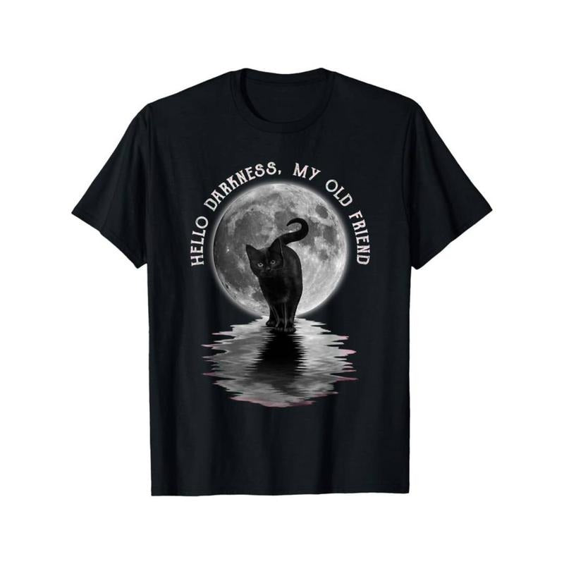 Casual T-shirt [Halloween Cat Moon Tee] Halloween Black Cat Moon Men'WB shield T-Shirt