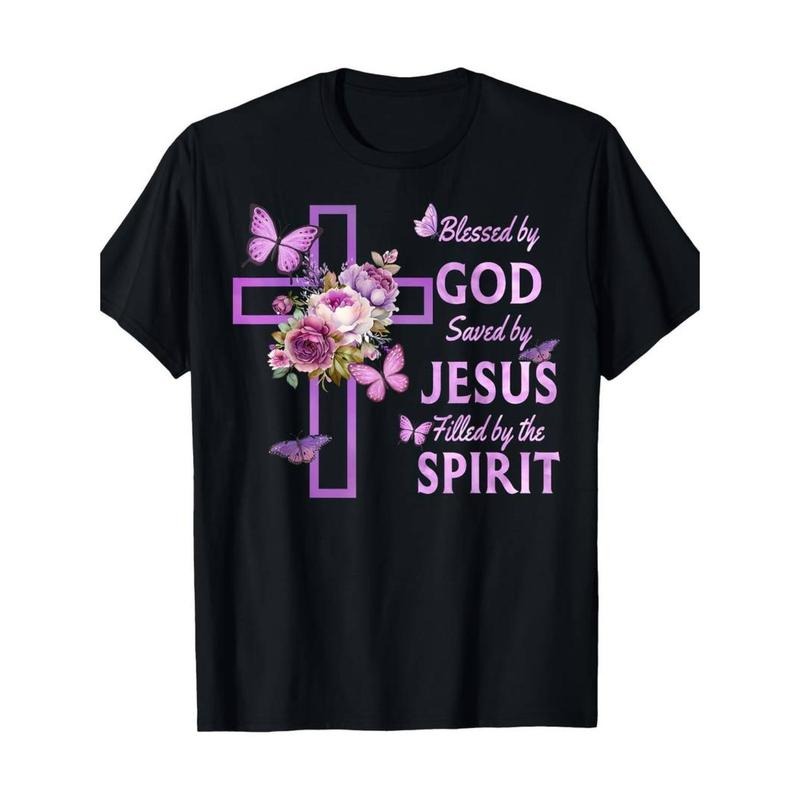 Casual T-shirt Blessed by FOG Saved by Jesus Purple Floral Cross Christian 220G 100% Cotton T-Shirt Graphic Graphic Tees...