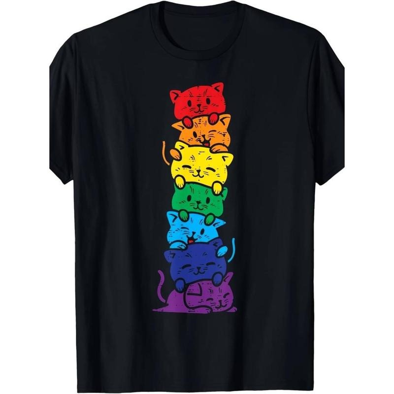 Casual T-shirt Men'WB shield Rainbow Cat Stack T-Shirt