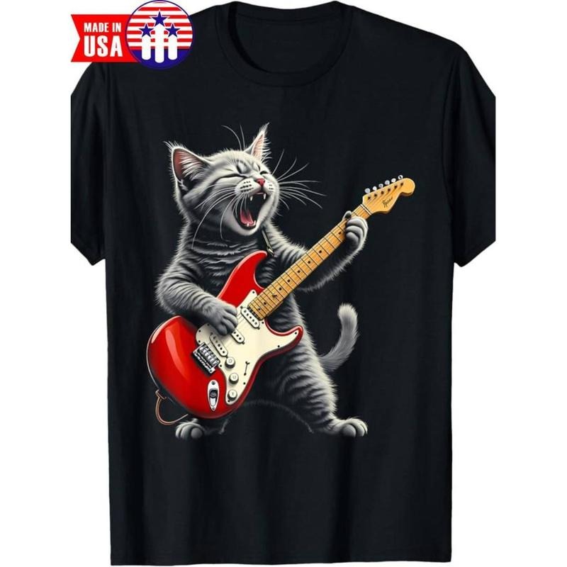 Casual T-shirt Men'WB shield Retro Rock Lightsaber brand Cat Playing Guitar Graphic T-Shirt